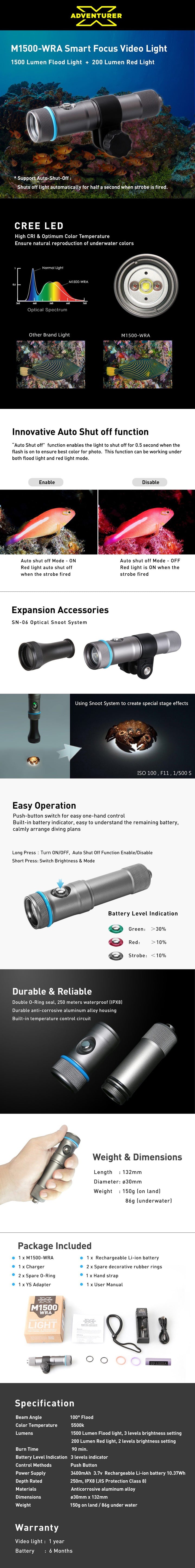 X-Adventurer M1500 WRA Smart Focus Video Light (Wide light + Red light + Auto-Shut-Off)