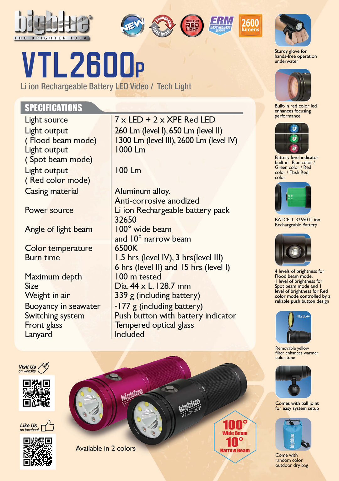 bigblue VTL2900PB - 2900-Lumen Dual-Beam Light – Wide/Narrow w/ Built-in Blue & Red Light