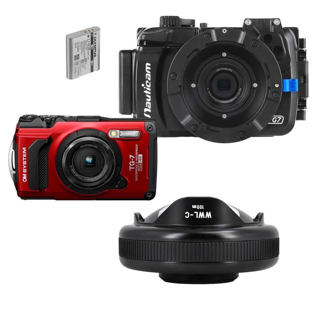 OM System Tough TG-7, Nauticam NA-TG7 Housing & WWL-C Wide Angle Bundle - Red
