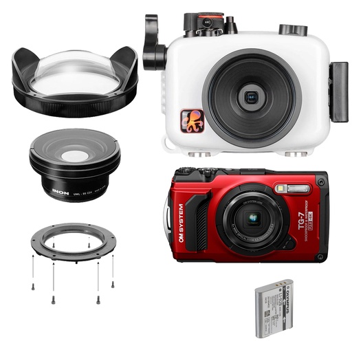 [WA-BUND-4A-RED] OM System Tough TG-7, Ikelite Housing & Inon UWL-95S Wide Angle Bundle - Red / Acrylic - Dome Lens Unit IIIA