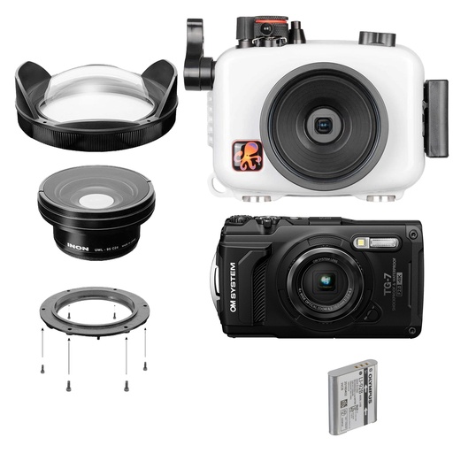 [WA-BUND-4G-BLACK] OM System Tough TG-7, Ikelite Housing & Inon UWL-95S Wide Angle Bundle - Black / Glass - Dome Lens Unit IIIG
