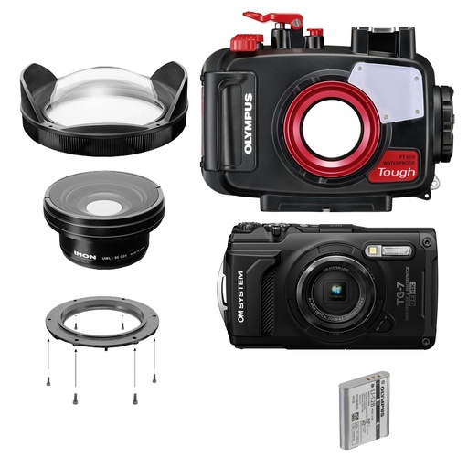 [WA-BUND-3G-BLACK] OM System Tough TG-7, PT-059 & Inon UWL-95S Wide Angle Bundle - Black / Glass - Dome Lens Unit IIIG